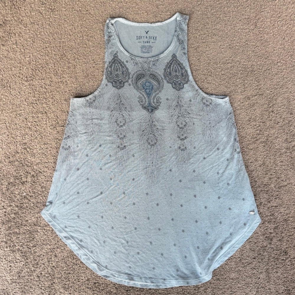 American Eagle Soft & Sexy Blue Paisley Racerback Tank Top XS Relaxed Flowy